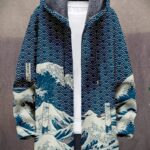 Vintage Japanese Art Wave Pattern Printed Fashion Men's Plush Thick Long-Sleeved Cardigan Coat Winter Warm Zipper Hooded Coat