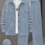 Men'S 2pcs Woven Textured Fabric Cargo Long Sleeve Jacket And Drawstring Casual Loose Long Pants Set
