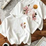 Women'S Summer Crane Floral T-Shirt, Japanese Bird Flower Print Crew Neck Short Sleeve Casual Oriental Art Top, Soft