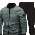 2pcs Classic Mens Letter Embroidered Bomber Jacket and Jogging Pants, Perfect for Outdoor Activities, and Casual Wear