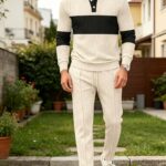 Men's Casual Waffle Texture Polo Shirt Suit (long-sleeved, Buttoned-front Jacket, with Contrasting Stripes and Drawstring Pants) Is Suitable for Daily, Sporty and Streetwear Outfits.