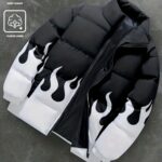 Men'S Winter Trendy Flame Print Fleece-Lined Warm Windproof Stand-Up Collar Casual Jacket