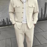 New Men's Four Seasons Waffle Knit Casual 2pcs Set, Versatile Outdoor High-End Fashionable Men's Button-Up Cardigan with Lapel Collar, Double Chest Pockets, Long Sleeve Outerwear and Long Pants