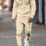 Men'S Fall Winter Fashion Trendy Hooded Sweatshirt And Jogger Set, "Challenge" Print Super Attitude, Beige/Black/Gray/Burgundy/Dark Green/Coffee Multi-Color Optional, Sweatshirt And Jogger 2pcs Set, Suitable for Daily Outing And Fitness