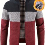 Men'S Casual High Neck Fleece Jacket, Color Block Knit Cardigan, Mid Stretch Zip-Up Fall/Winter Outerwear, Regular Fit with Placket Closure, Thick