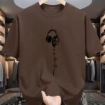 Music Rhythm! Headphone Heartbeat Line Art Printed T-shirt, Round Neck Loose Casual Versatile T-shirt