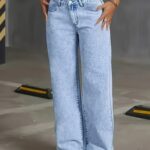 Modische, gerade geschnittene Damen-Stretchjeans, bequeme Jeans mit weitem Bein, Säure gewaschene hellblaue Denim-Hosen mit Taschen, elegante Damenbekleidung, hochtaillierte Hose mit Bauchkontrolle. Baggy-Freizeithosen für Reisen, Arbeit und Büro