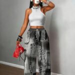 Damen-Jeanshose mit hoher Taille, weitem Bein Used-Look – Imitat-Denim im Farbverlauf von Aschgrau zu Weiß mit zerrissenem, ungesäumtem Saum & Flickentechnik, Vintage-Hose mit geradem Bein für Freizeitkleidung, Büro, Alltagsoutfits