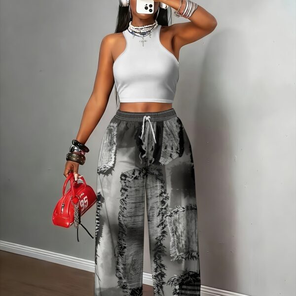 Damen-Jeanshose mit hoher Taille, weitem Bein Used-Look – Imitat-Denim im Farbverlauf von Aschgrau zu Weiß mit zerrissenem, ungesäumtem Saum & Flickentechnik, Vintage-Hose mit geradem Bein für Freizeitkleidung, Büro, Alltagsoutfits