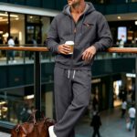 European and American Style Men's Open-Front Cardigan Sweatshirt Set with Chest Zipper Pocket Design, 2pcs Straight-Leg Outdoor Sports Pants Set