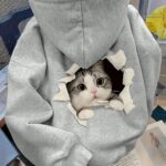 Women's Cozy Cat Face Print Hooded Sweatshirt with Pockets - Winter Warm Pullover Sweater, Long Sleeve Casual Sweating for Fall/Winter, Cat-Themed Sweaters for Cold Weather Outfits