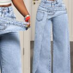 Women'S Light Blue Asymmetrical Apron-Style Jeans, Washed And Faded Texture with Unique Layering Structure, Breaking The Monotony of Traditional Denim. Suitable for Light Mature Dates, Girlfriends' Afternoon Tea, Niche Markets