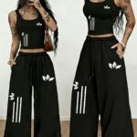 Western Street Style Black Sleeveless Vest Wide-Leg Pants Two-Piece Set Women'S Summer Casual Athletic Outfit Loose High-Waist Long Pants Set