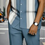 2pcs European and American Men's Casual Suit, Geometric Print Sports Suit, Short-sleeved Shirt and Pants Set, Men's Outdoor Casual Loose Sports Pants, Comfortable Outdoor, Casual Shirt Top, Men's Loose Sports Pants with Pockets