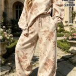 [Printed Design, Not Textured]2026 Plus Size Women's Printed Sweatshirt Set: Oversized Loose Crew Neck Top+ High-Waisted Wide-Leg Pants. A Casual Sporty 2pcs Set for Curvy That Conceals Body and Creates a Effect