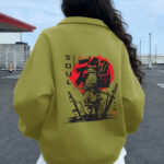 Women's Loose Fit Street Style Printed Collar Sweatshirt with Samurai Design on Red Circle & Black Japanese Text, Breathable Casual Pullover for Spring Autumn Daily Wear, European Local Shipping