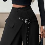 Wide-Leg Trousers with Asymmetrical Slant Pocket & Diagonal Zipper Closure - Beltless High-Waisted Winter Pants, Solid Color Casual to Dressy Trousers (Machine Washable) for, Formal Events & Casual Attire