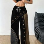 [Printed Design - Not Textured 2D Printing] Women'S Beautiful Long Pants, Rivet Embellishment, Industrial Natural Style, Comfortable to Wear, Suitable for Daily Wear And Casual Outings, Adding Fashion Sense, High-Quality Fabric