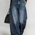 Women's High-waisted Wide-leg Jeans with Eyelet Embellishments; Featuring a Button-fly Closure and Side Pockets; Relaxed Fit with Tailored Detailing; Casual and Fashionable Style, Ideal for Streetwear, Casual Outings, Daily Wear, and Various