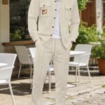 Men'S Spring And Autumn Waffle Set, Solid Color Button Decoration, Skin-Friendly And Breathable, Pockets with Geometric Pattern Prints, Spring And Autumn Casual Workwear Two-Piece Set Suitable for Home Daily Wear