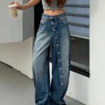 Gradient Washed Diagonal Buckle Contrast Wide-Leg Jeans Women'S High-Waist Niche Design Irregular Placket Drapey Floor-Length Straight Trousers Retro High Street Trendy Denim Jeans