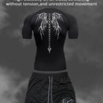 Men's Casual Sportswear Set with Wing Print - Quick- Short Sleeve Gym Shirt + Spider Print Multi-Pocket Double-Layer Sports Shorts