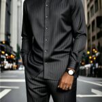Men'S Minimalist Business Suit, Featuring a Stand Collar Long-Sleeved Button-Up Shirt And Straight-Cut Trousers, with a Solid Color And Easy Design, Exuding a Minimalist And Elegant Charm, Suitable for Business Meetings And Casual Gatherings, Formal
