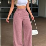 Women's High Waist Corduroy Wide Leg Pants Baggy Loose Lounge Trousers Casual Streetwear Y2K Trendy Relaxed Comfy Flowy Straight Pants with Pockets Versatile Daily Wear Elegant Ladies Bottoms Back Elastic Waistband Comfort Stretch