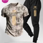 MILANO Italian Element Print Sportswear Set, Vintage Distressed Tie-Dye Base Short-Sleeve T-Shirt, Black Jogger Sweatpants with Pockets, Loose-Fit Not Tight, Lightweight and Breathable Men's Full Outfit