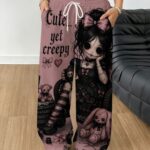 Sweet Cool Doll Gothic Style Women'S Straight-Leg Pants, Elastic Waist Drawstring Wide-Leg Casual Trousers, Elegant, Suitable for Daily Wear And Vacation Loose Long Pants
