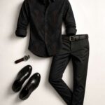 Men's European and American Longsleeve Shirt and Trousers Set with Gothic Wing Print Stylish Dark Aesthetic Slim Fit for Business Formal Events and Parties.