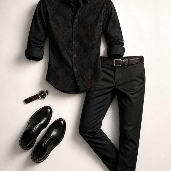 Men's European and American Longsleeve Shirt and Trousers Set with Gothic Wing Print Stylish Dark Aesthetic Slim Fit for Business Formal Events and Parties.