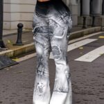[Printed Pants - Not Faux Denim Fabric]Fashionable High-Waisted Stretchy Flared Pants with a Faux Denim Print
