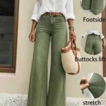 Women's Vintage Military Green Stretch Slightly Flared Jeans, High-Waist Wide-Leg Pants, Office Casual Everyday Trousers