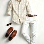 Men'S Long Sleeve Shirt And Trousers Set Featuring Light Brown Thin Line Windowpane Plaid Print. The Shirt Is Loose And Trousers Are Straight Leg. Fabric Is Smooth, Breathable, -Friendly, And Wear-Resistant. Great for Various Occasions