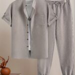 Men's Four-Season Casual Short-Sleeve Shirt + Drawstring Slant Pocket Pants Set