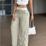 Light Gray-Green Wide-Leg Pants with high waist & wide fit - Light Stretchable suitable for spring Summer - Elegant Y2K Slendering Trousers (Machine Washable) for Jeans/ Dresses/ Casual/ Office - Solid Color