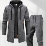 Men's Casual Sportswear Set, 2pcs, Men's Sport Top and Bottom Set, Men's Autumn/Winter -Lined Set, Casual Versatile Mid-Length Hooded Jacket Paired with Casual Sport Pants, Top Features Contrast Color Zipper Pocket Design, Knitted Jacquard