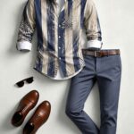 2pcs Set, Men'S Fashion New Versatile Long-Sleeve Shirt And Pants Matching Set, Comfortable Lightweight Fabric, Geometric Art Print Pattern, Suitable for Outdoor Sports, Daily Casual Office Commuting, And Attending Parties