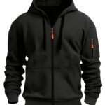 Men's Full-Zip Hooded Sweatshirt with Arm Pockets - Solid Color & Orange Accent Full-Zip Front, Long Sleeve Winter Jacket Suitable for Gym, Outdoor - Warm Autumn/Winter Clothing, Hand Washable Hoodie, All Season, Sporty Style, Outdoor Activity