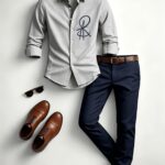 New MenS Long-Sleeve Collared Shirt And Long Pants Set, Featuring Geometric Art Digital Print Design, Suitable for Year-Round MenS Home, Casual, And Outdoor Settings, Gifts, Trendy And Fashionable MenS Casual Outfit