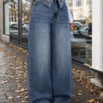 Women's Vintage Washed Distressed High-Waist Wide-Leg Jeans with Lapel Rhinestone Embellishments, Loose-Fitting and Flowy for a Effect, Rhinestone-Adorned Waistband Design, Versatile and Casual Straight-Leg Denim Pants