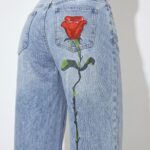 Fashion Street Rose Embroidery Snowflake Denim Long Pants, Casual Y2K Personalized Straight Wide-Leg Floor-Length Women'S Jeans, Easy All-Match Outing/Casual All-Match/Daily Wear/Back to /Halloween/Street Style/Retro/Holiday/ Party/Edm Party/Graduat