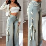 Women'S High-Waisted Denim Pants, Versatile with Side Ties, Front Zipper, And Side Pockets, Perfect for Casual Wear